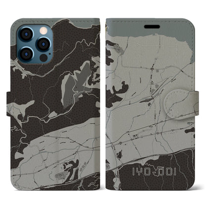 【伊予土居（愛媛県）】地図柄iPhoneケース（手帳タイプ）モノトーン・iPhone 12 / 12 Pro 用