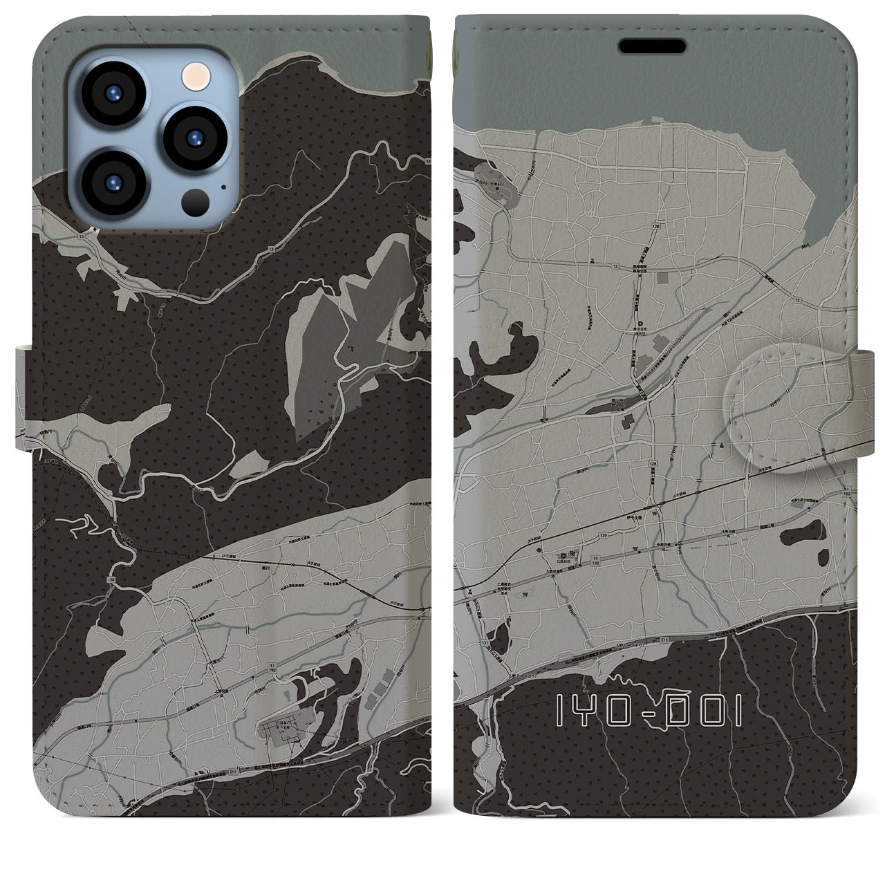【伊予土居】地図柄iPhoneケース（手帳両面タイプ・モノトーン）iPhone 13 Pro Max 用