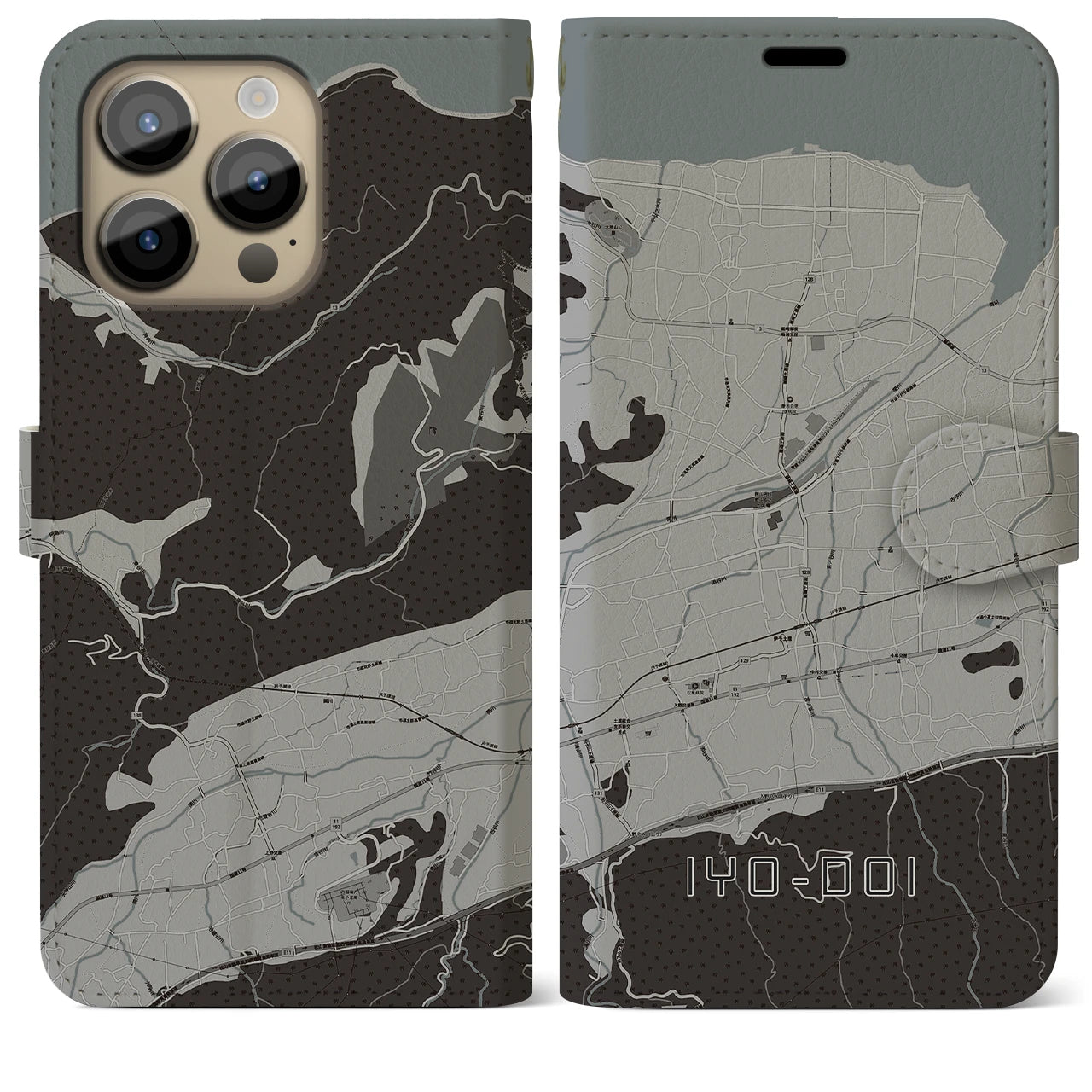 【伊予土居】地図柄iPhoneケース（手帳両面タイプ・モノトーン）iPhone 14 Pro Max 用