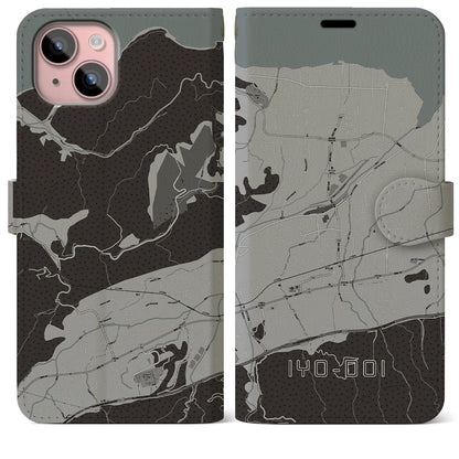 【伊予土居（愛媛県）】地図柄iPhoneケース（手帳タイプ）モノトーン・iPhone 15 Plus 用