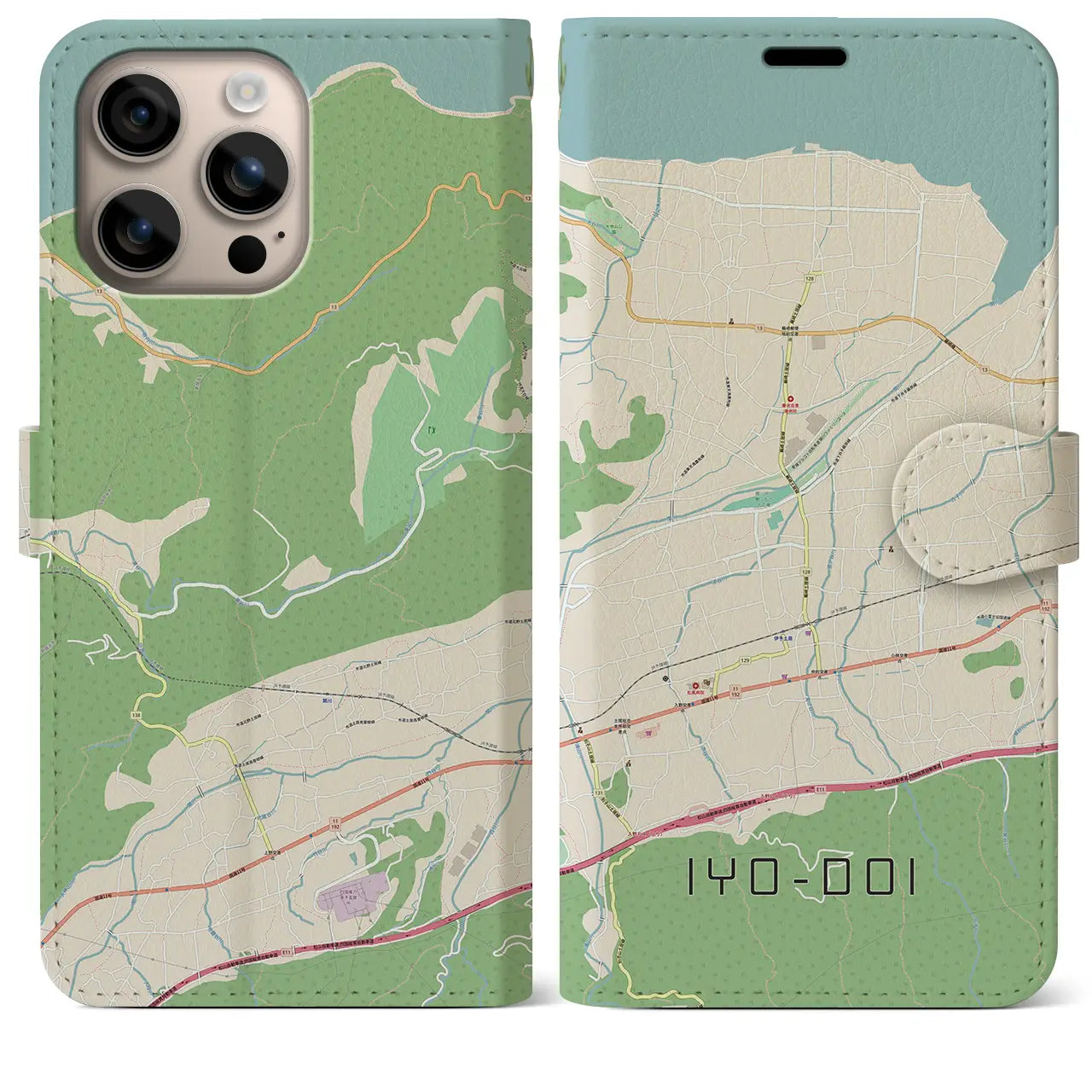 【伊予土居（愛媛県）】地図柄iPhoneケース（手帳タイプ）ナチュラル・iPhone 16 Plus 用