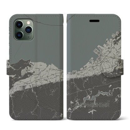 【伊予三島（愛媛県）】地図柄iPhoneケース（手帳タイプ）モノトーン・iPhone 11 Pro 用