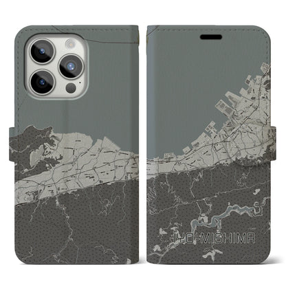 【伊予三島（愛媛県）】地図柄iPhoneケース（手帳タイプ）モノトーン・iPhone 15 Pro 用