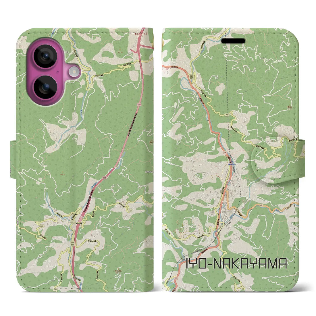 【伊予中山（愛媛県）】地図柄iPhoneケース（手帳タイプ）ナチュラル・iPhone 16 Pro Max 用