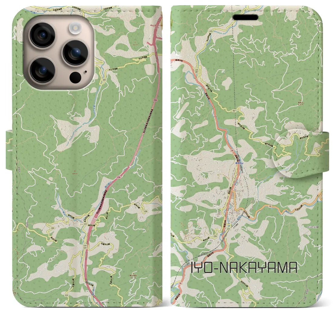 【伊予中山（愛媛県）】地図柄iPhoneケース（手帳タイプ）モノトーン・iPhone 16 Pro Max 用