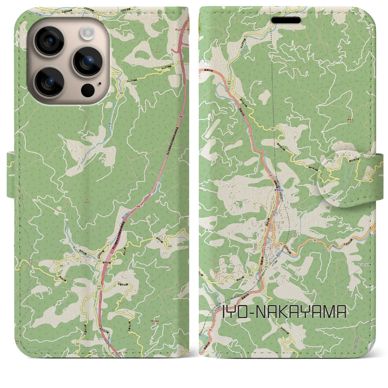 【伊予中山（愛媛県）】地図柄iPhoneケース（手帳タイプ）モノトーン・iPhone 16 Pro Max 用