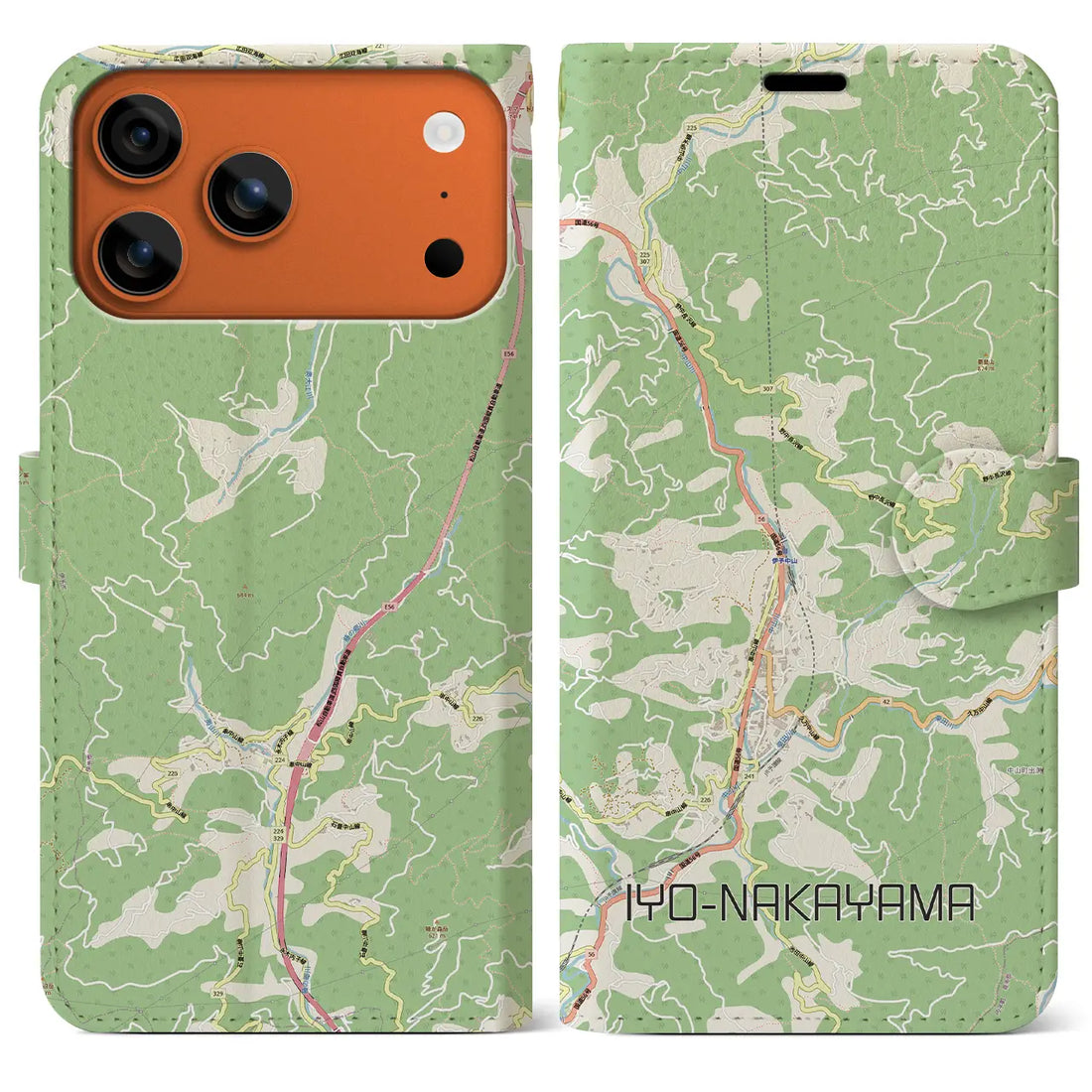 【伊予中山（愛媛県）】地図柄iPhoneケース（手帳タイプ）モノトーン・iPhone 17 Pro Max 用