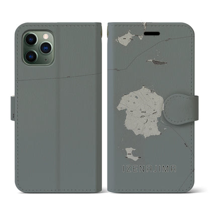 【伊是名島（沖縄県）】地図柄iPhoneケース（手帳タイプ）モノトーン・iPhone 11 Pro 用