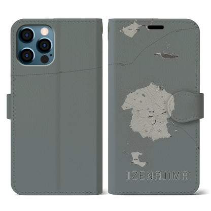 【伊是名島（沖縄県）】地図柄iPhoneケース（手帳タイプ）モノトーン・iPhone 12 / 12 Pro 用