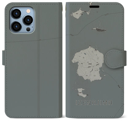 【伊是名島（沖縄県）】地図柄iPhoneケース（手帳タイプ）モノトーン・iPhone 13 Pro Max 用