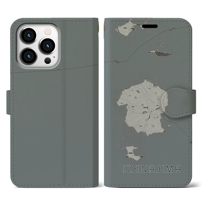 【伊是名島（沖縄県）】地図柄iPhoneケース（手帳タイプ）モノトーン・iPhone 13 Pro 用