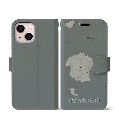 【伊是名島（沖縄県）】地図柄iPhoneケース（手帳タイプ）モノトーン・iPhone 13 mini 用