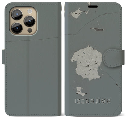 【伊是名島（沖縄県）】地図柄iPhoneケース（手帳タイプ）モノトーン・iPhone 14 Pro Max 用