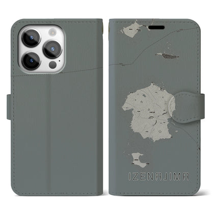 【伊是名島（沖縄県）】地図柄iPhoneケース（手帳タイプ）モノトーン・iPhone 14 Pro 用