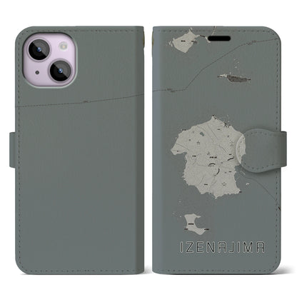 【伊是名島（沖縄県）】地図柄iPhoneケース（手帳タイプ）モノトーン・iPhone 14 用