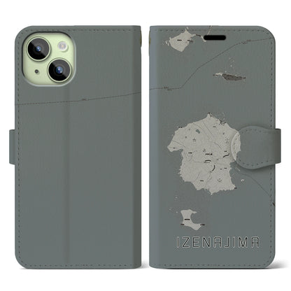 【伊是名島（沖縄県）】地図柄iPhoneケース（手帳タイプ）モノトーン・iPhone 15 用