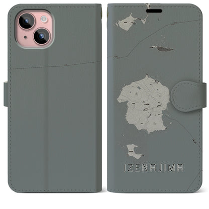 【伊是名島（沖縄県）】地図柄iPhoneケース（手帳タイプ）モノトーン・iPhone 15 Plus 用