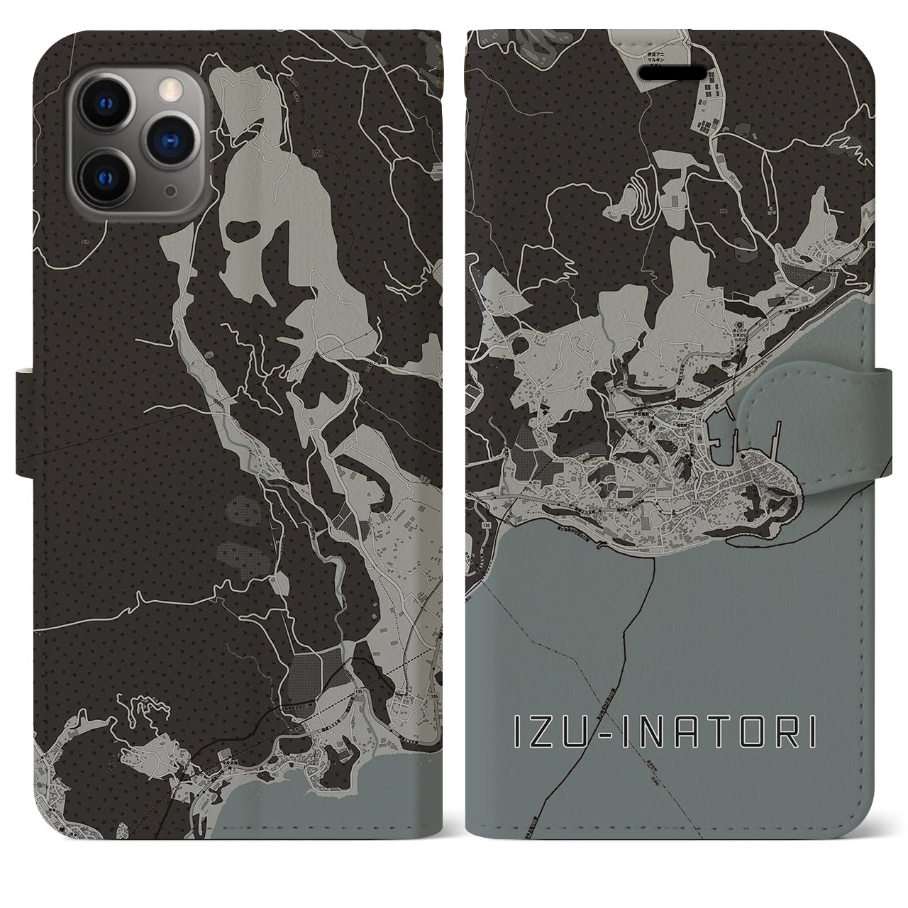 【伊豆稲取】地図柄iPhoneケース（手帳両面タイプ・モノトーン）iPhone 11 Pro Max 用