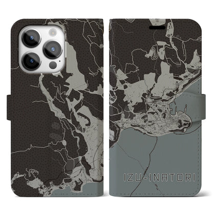 【伊豆稲取（静岡県）】地図柄iPhoneケース（手帳タイプ）モノトーン・iPhone 14 Pro 用