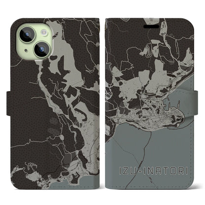 【伊豆稲取（静岡県）】地図柄iPhoneケース（手帳タイプ）モノトーン・iPhone 15 用