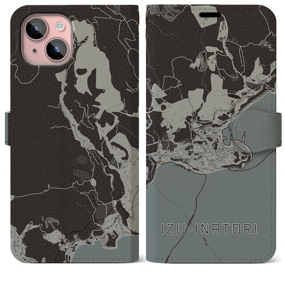 【伊豆稲取（静岡県）】地図柄iPhoneケース（手帳タイプ）モノトーン・iPhone 15 Plus 用