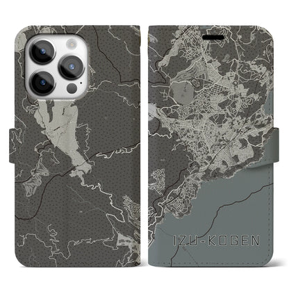 【伊豆高原（静岡県）】地図柄iPhoneケース（手帳タイプ）モノトーン・iPhone 14 Pro 用