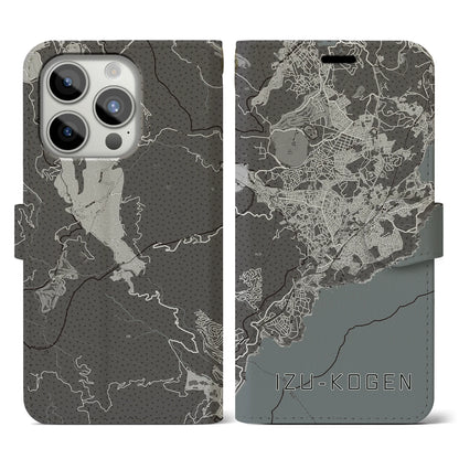 【伊豆高原（静岡県）】地図柄iPhoneケース（手帳タイプ）モノトーン・iPhone 15 Pro 用