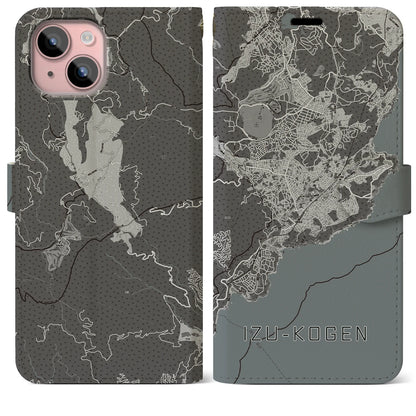 【伊豆高原（静岡県）】地図柄iPhoneケース（手帳タイプ）モノトーン・iPhone 15 Plus 用