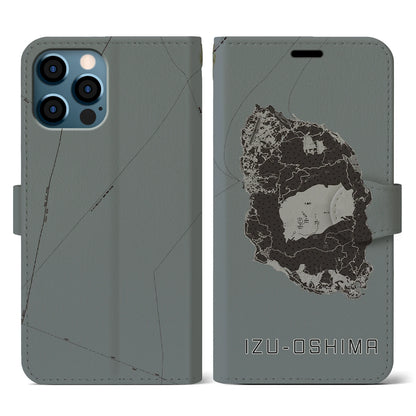 【伊豆大島（東京都）】地図柄iPhoneケース（手帳タイプ）モノトーン・iPhone 12 / 12 Pro 用