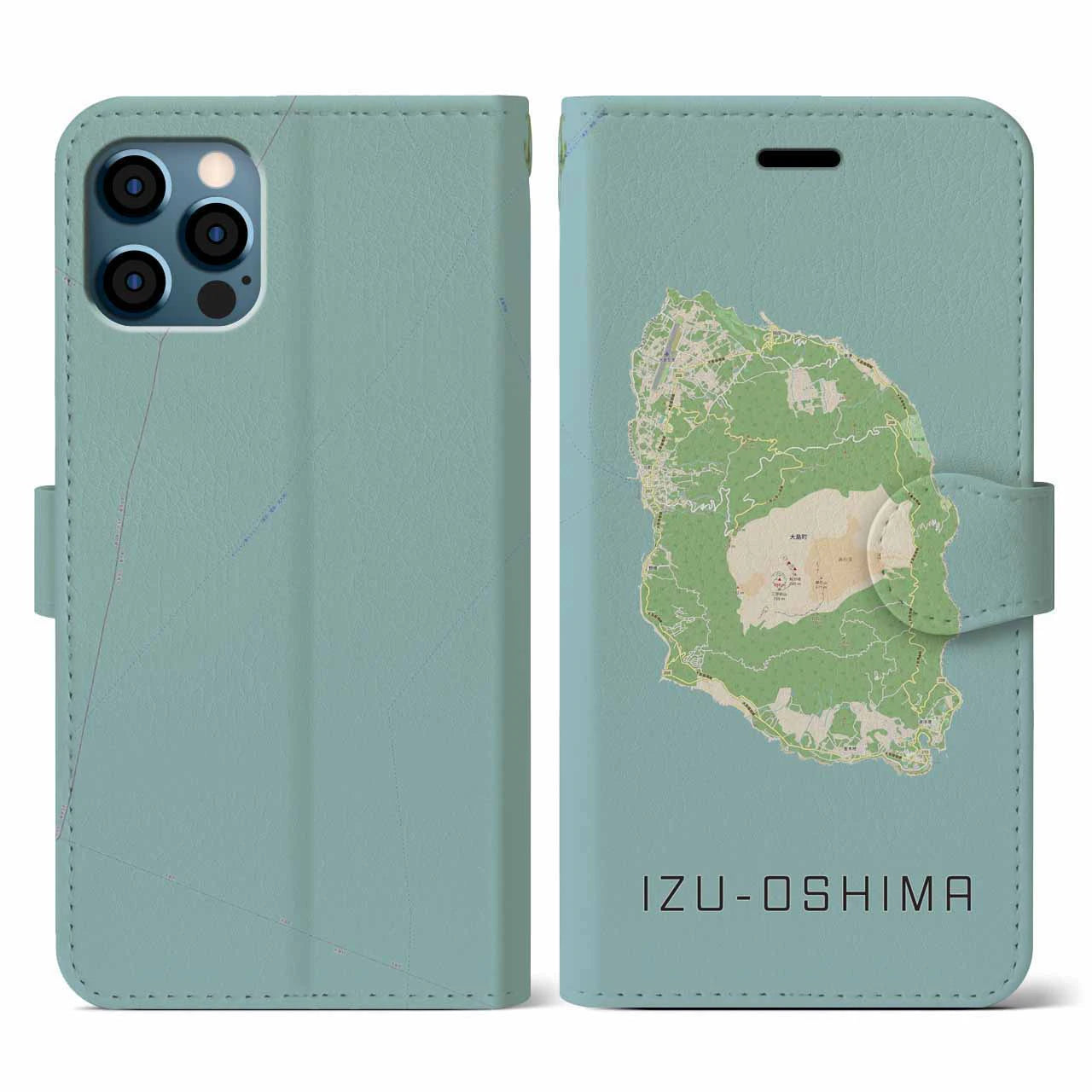 【伊豆大島（東京都）】地図柄iPhoneケース（手帳タイプ）ナチュラル・iPhone 12 / 12 Pro 用