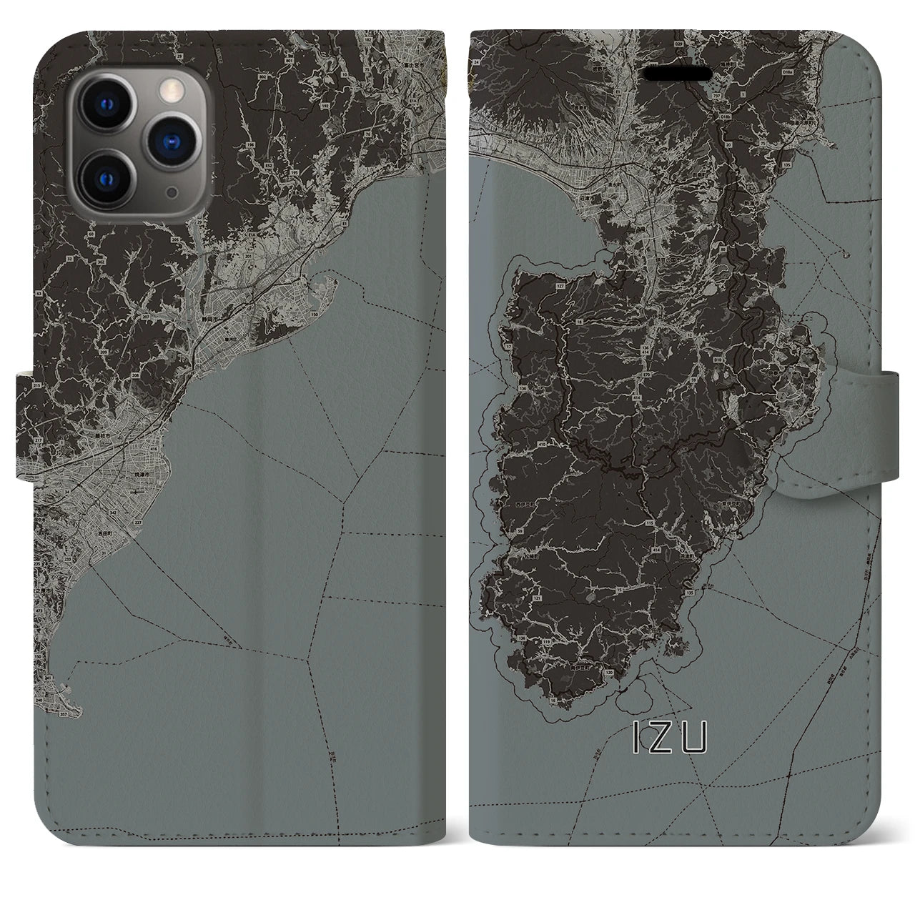 【伊豆2（静岡県）】地図柄iPhoneケース（手帳タイプ）モノトーン・iPhone 11 Pro Max 用