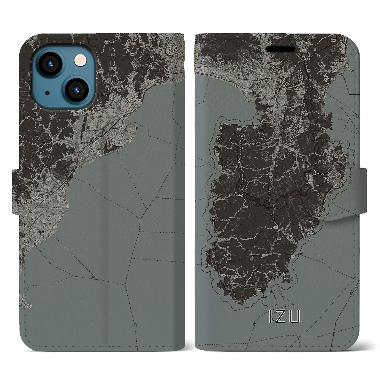 【伊豆2（静岡県）】地図柄iPhoneケース（手帳タイプ）モノトーン・iPhone 13 用