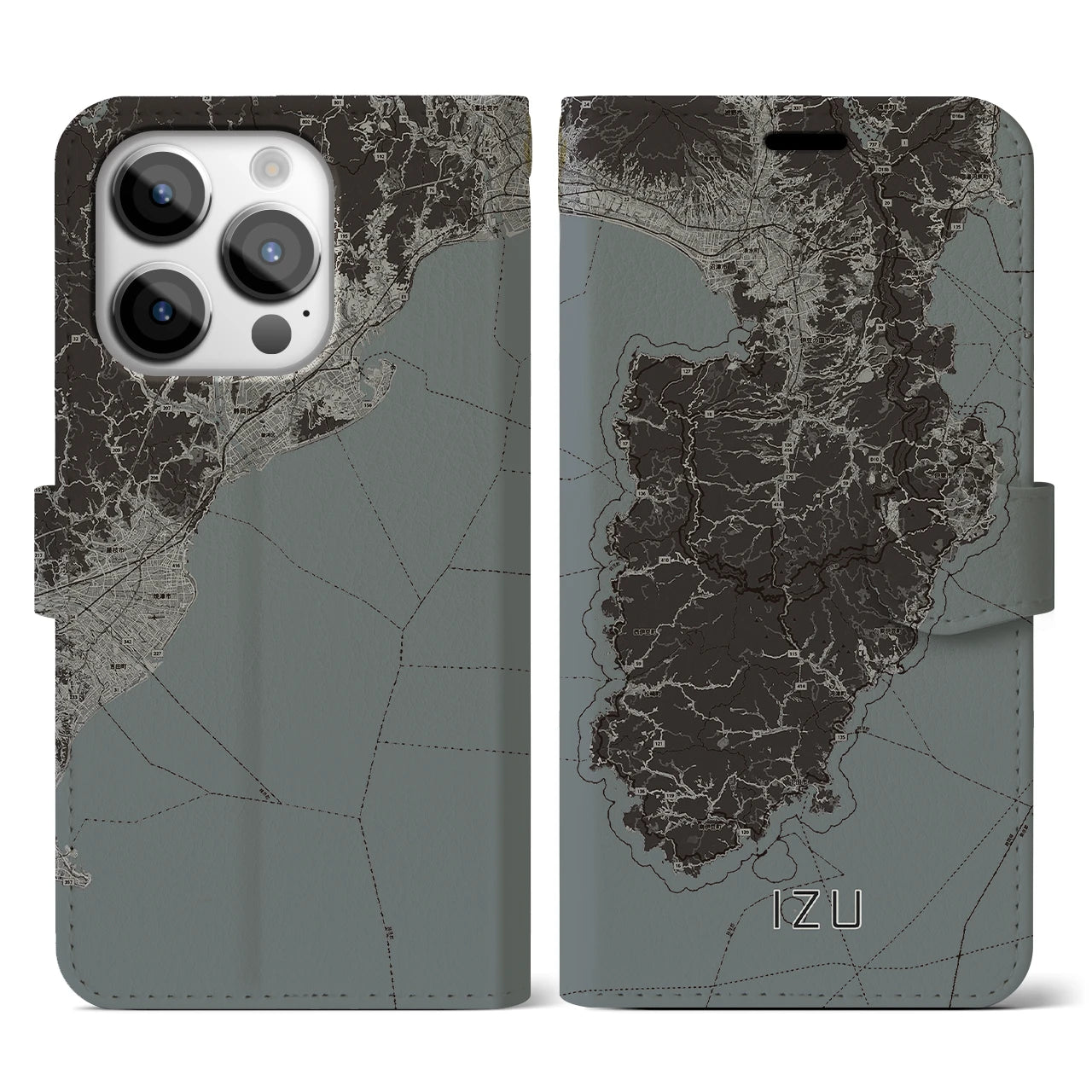 【伊豆2】地図柄iPhoneケース（手帳両面タイプ・モノトーン）iPhone 14 Pro 用