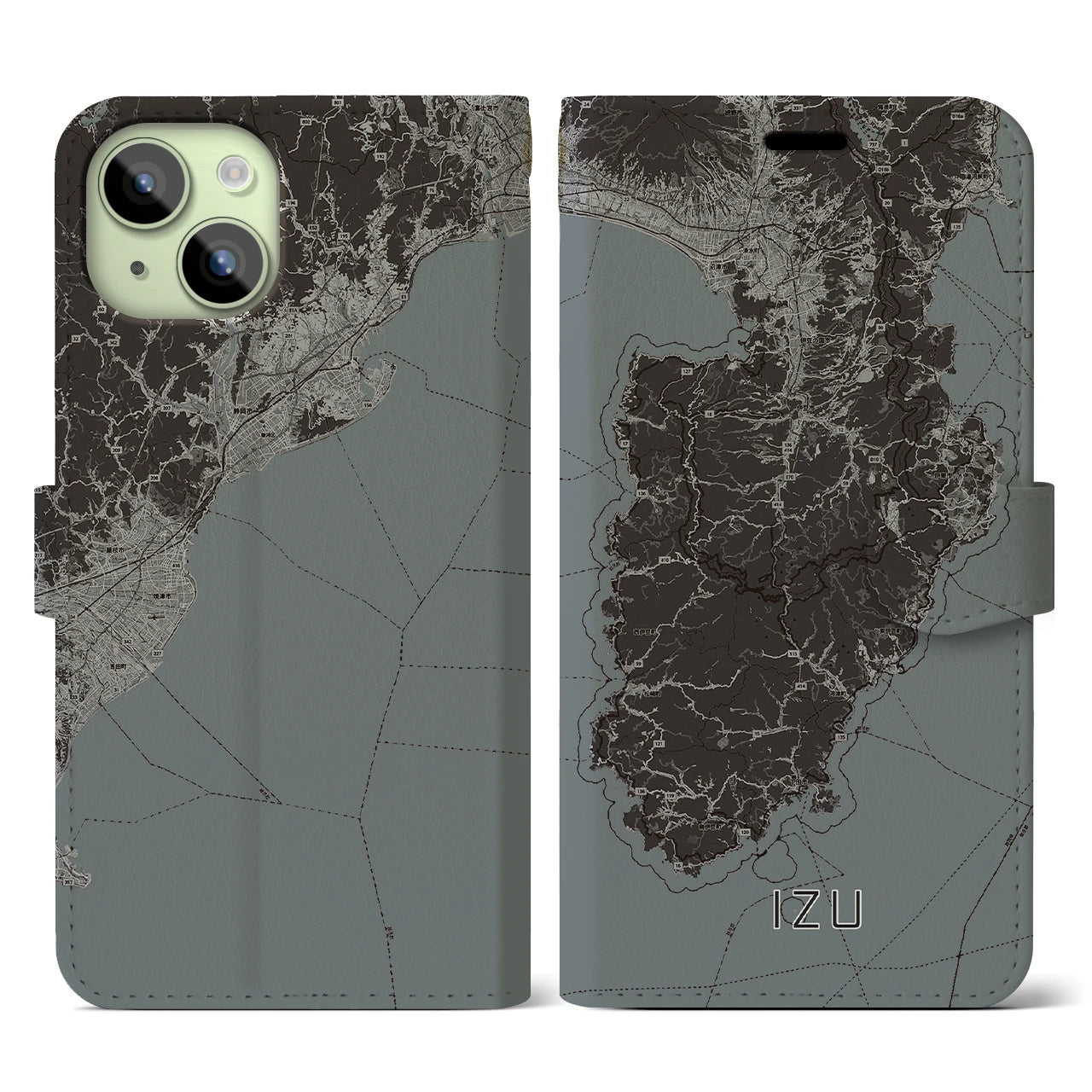 【伊豆2】地図柄iPhoneケース（手帳両面タイプ・モノトーン）iPhone 15 用
