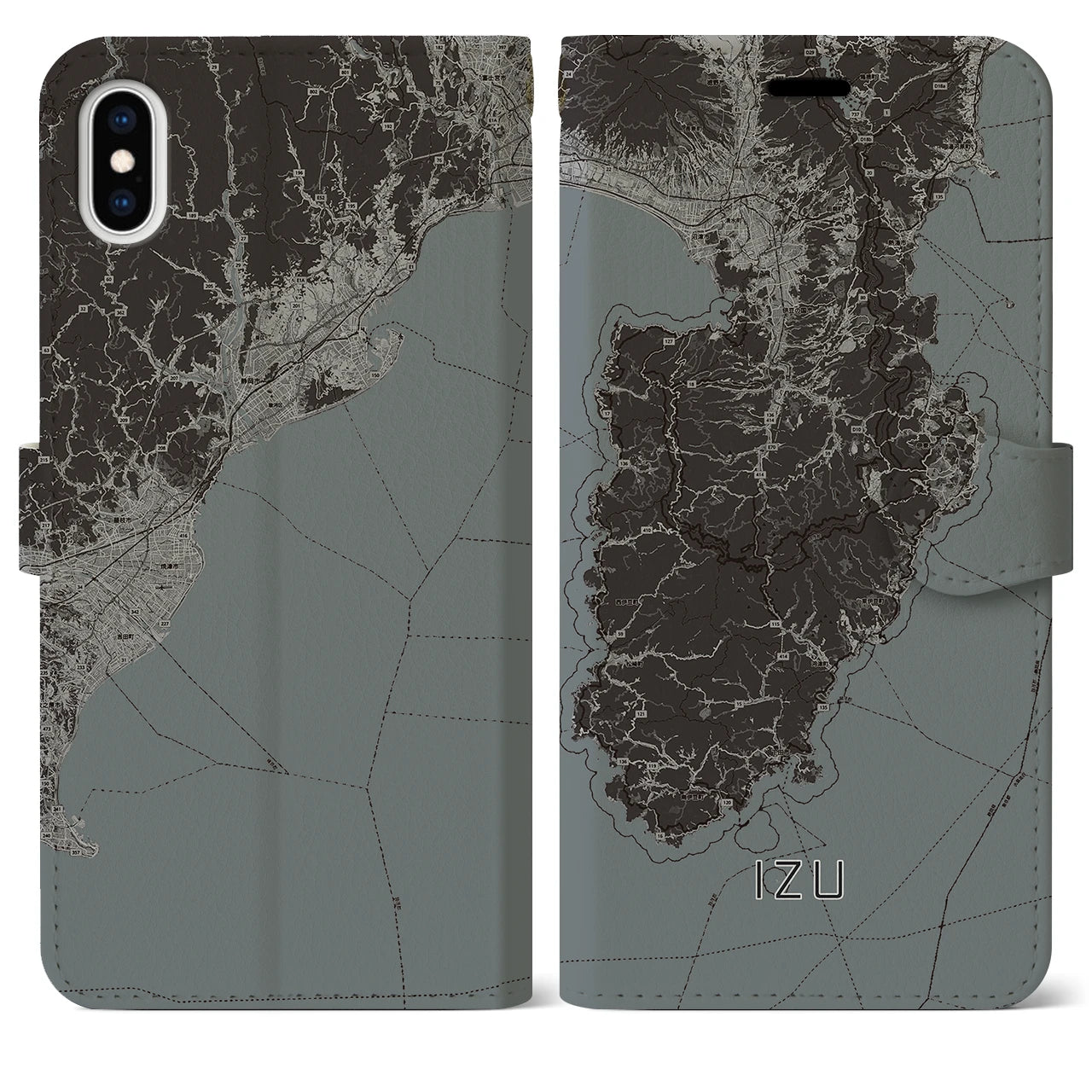 【伊豆2】地図柄iPhoneケース（手帳両面タイプ・モノトーン）iPhone XS Max 用