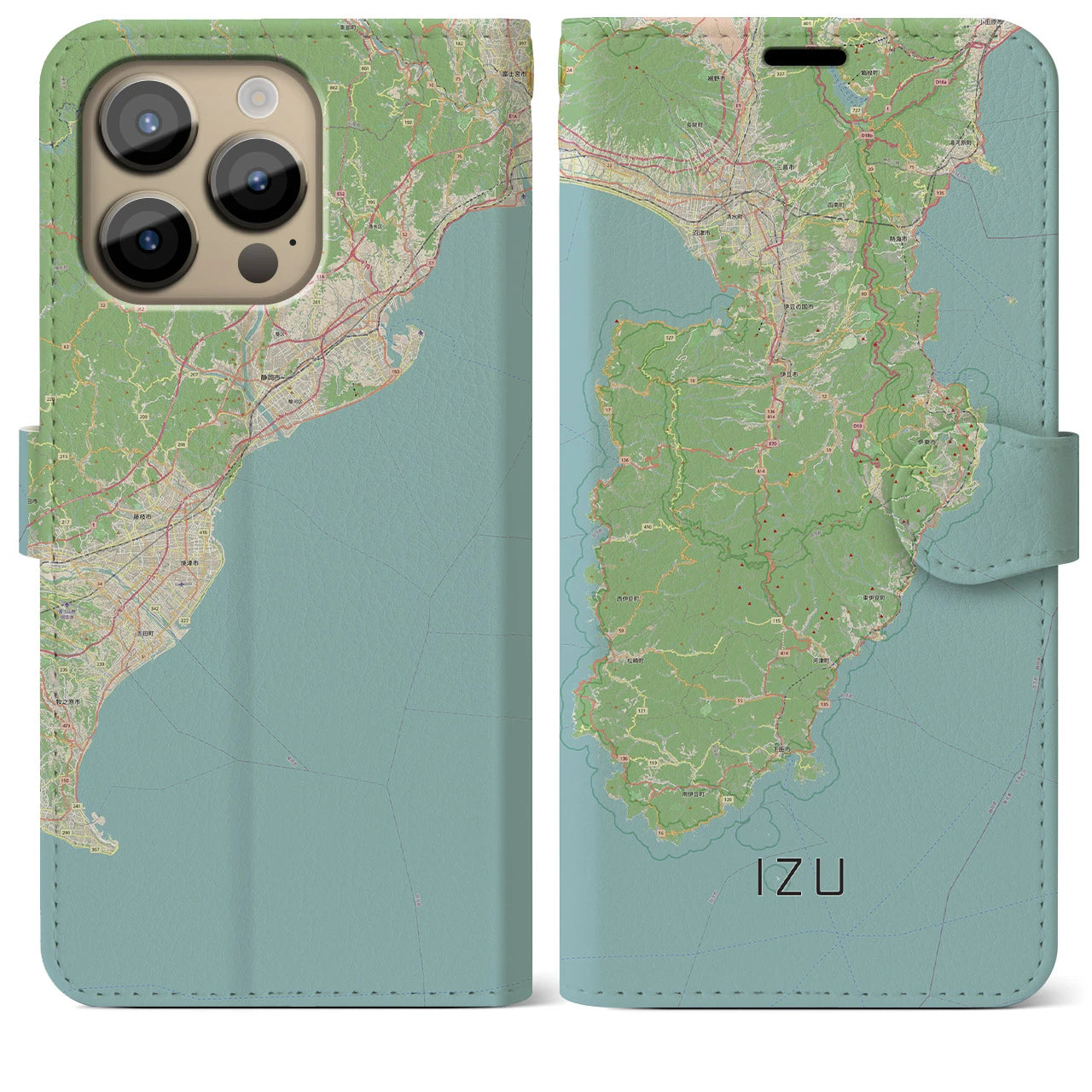 【伊豆2（静岡県）】地図柄iPhoneケース（手帳タイプ）ナチュラル・iPhone 14 Pro Max 用