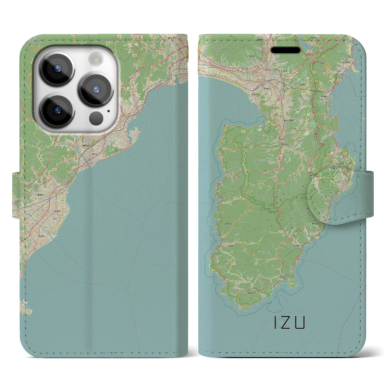 【伊豆2（静岡県）】地図柄iPhoneケース（手帳タイプ）ナチュラル・iPhone 14 Pro 用