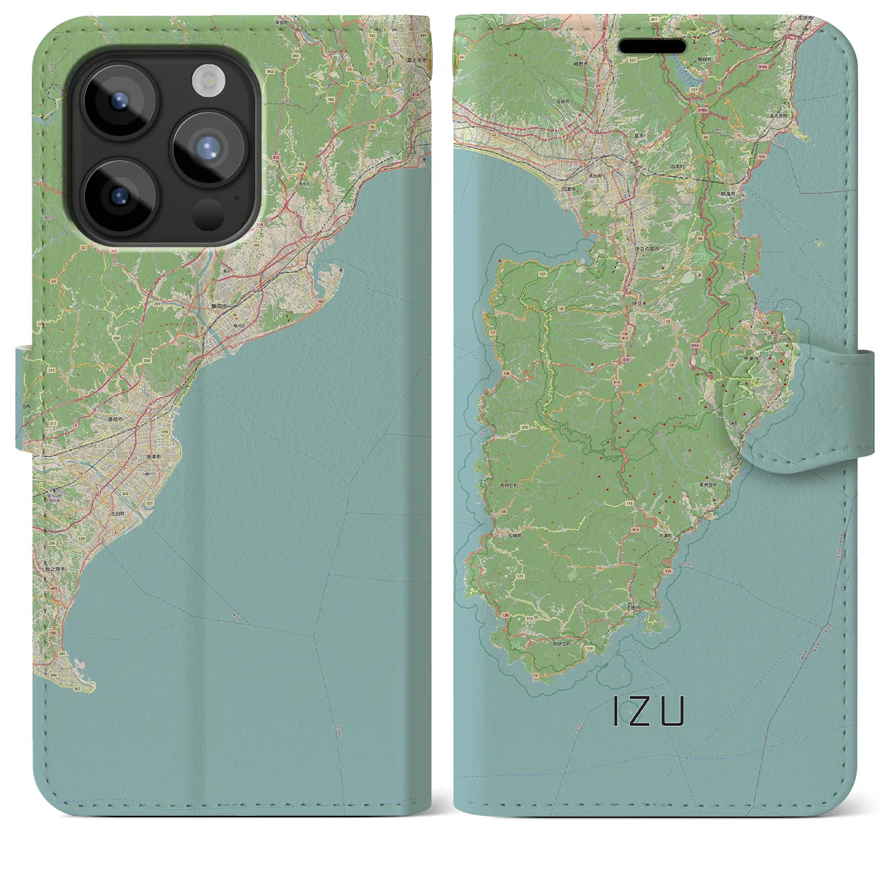 【伊豆2（静岡県）】地図柄iPhoneケース（手帳タイプ）ナチュラル・iPhone 15 Pro Max 用