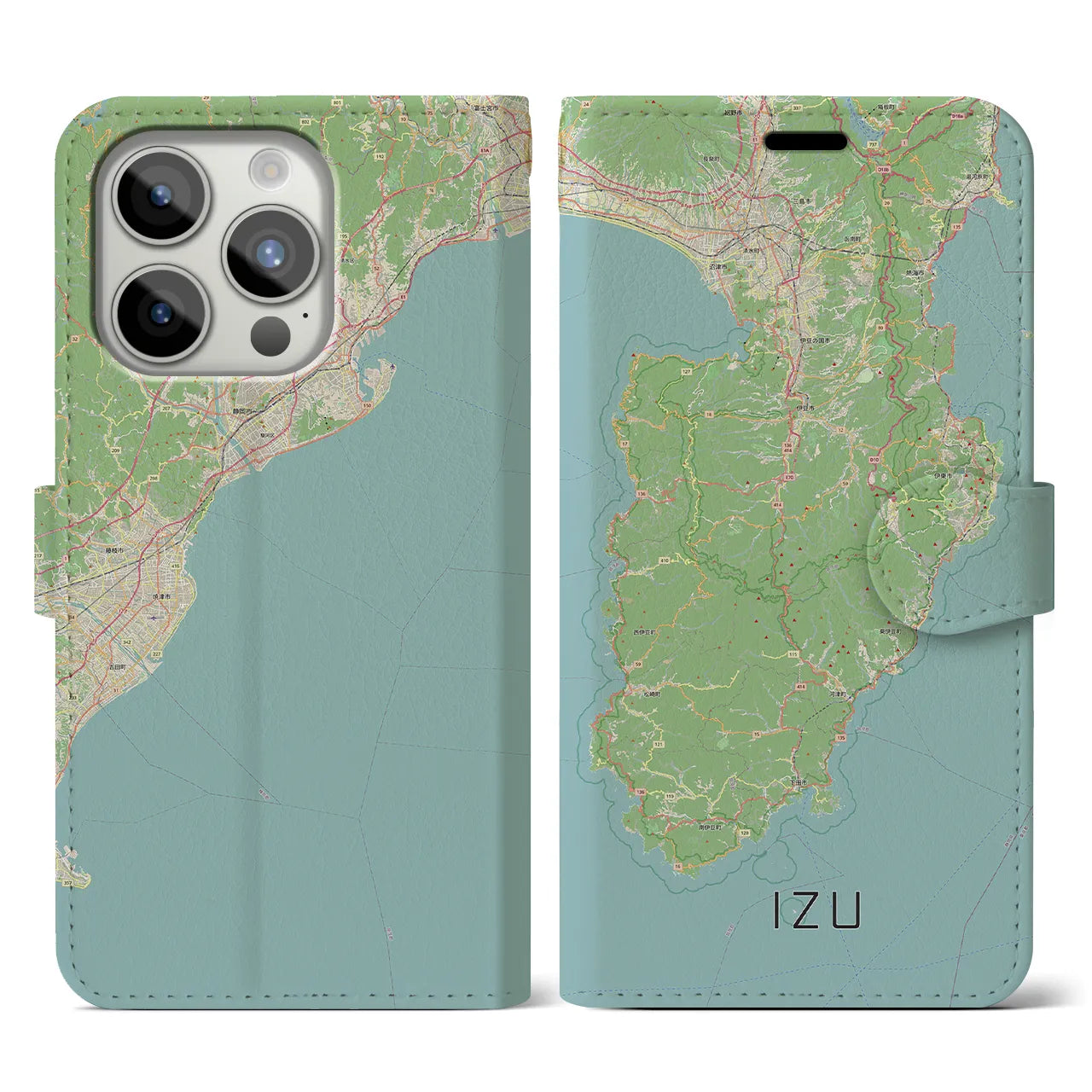 【伊豆2（静岡県）】地図柄iPhoneケース（手帳タイプ）ナチュラル・iPhone 15 Pro 用