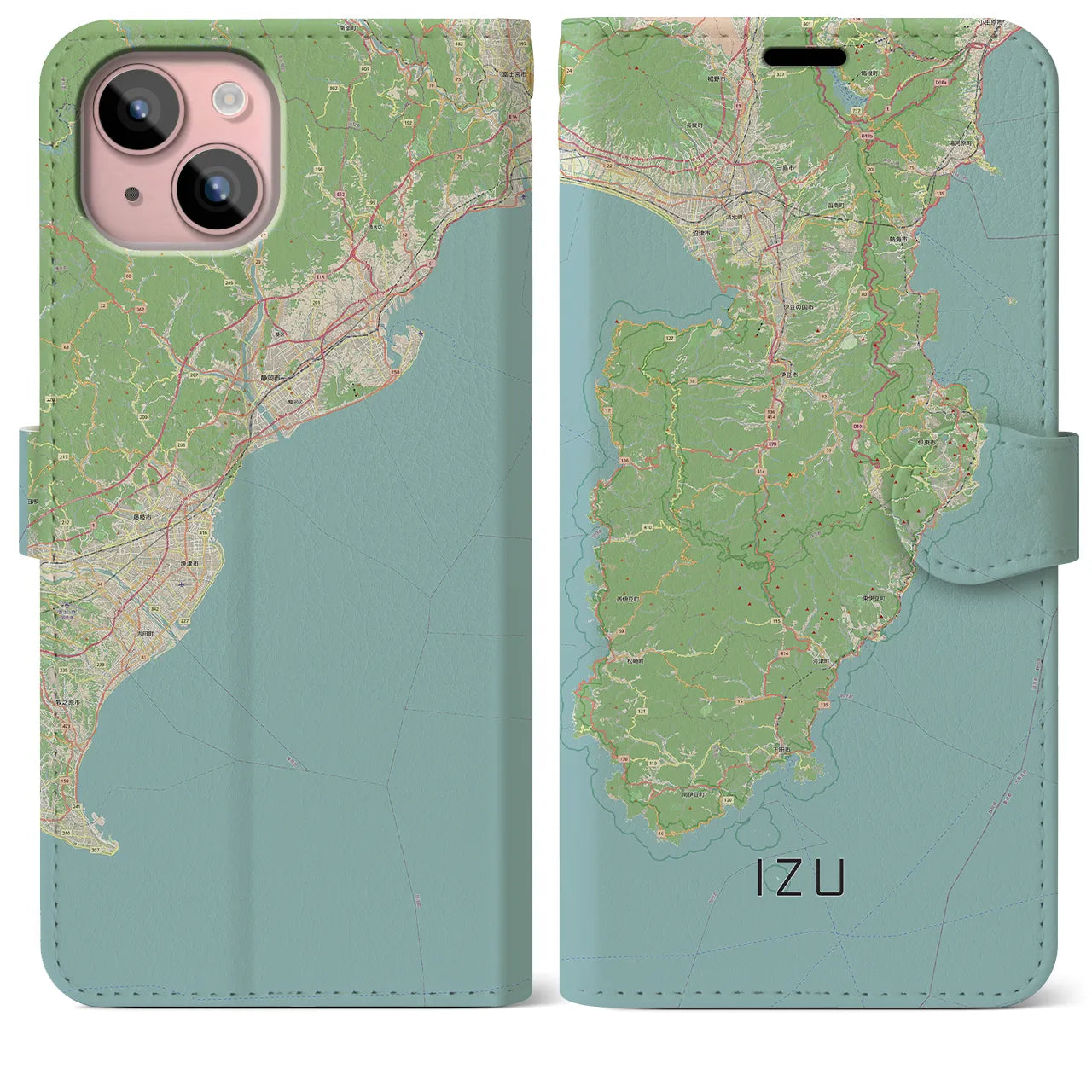 【伊豆2（静岡県）】地図柄iPhoneケース（手帳タイプ）ナチュラル・iPhone 15 Plus 用