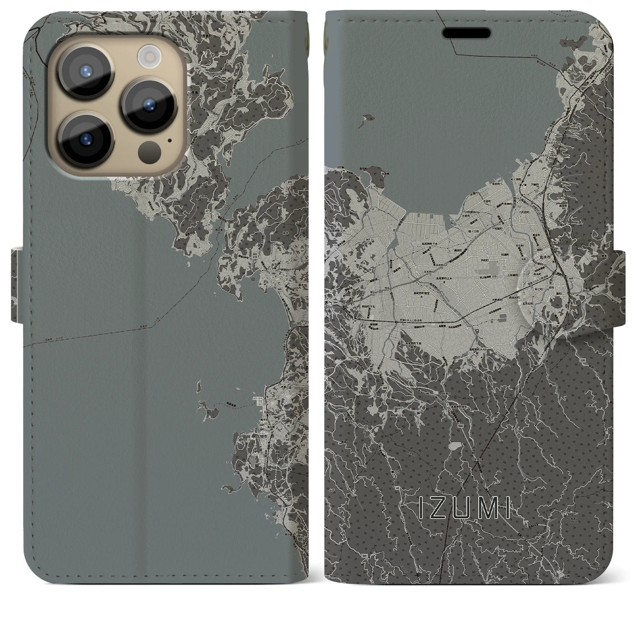 【出水】地図柄iPhoneケース（手帳両面タイプ・モノトーン）iPhone 14 Pro Max 用