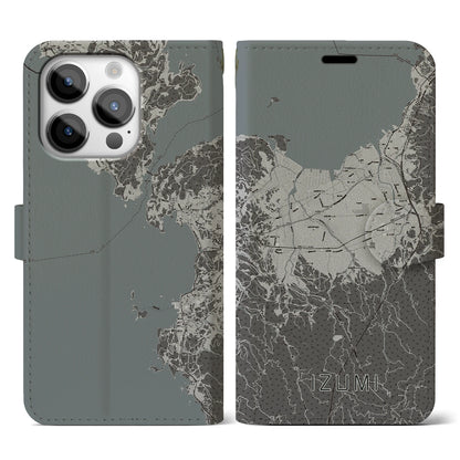 【出水（鹿児島県）】地図柄iPhoneケース（手帳タイプ）モノトーン・iPhone 14 Pro 用