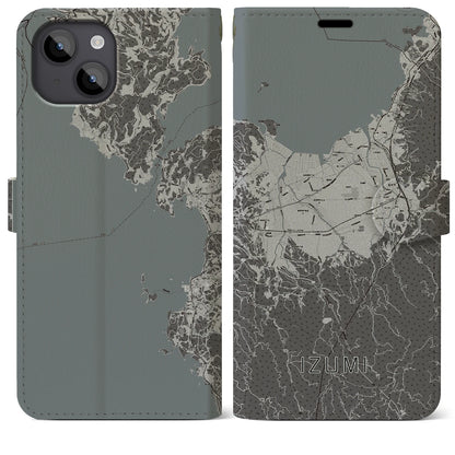 【出水（鹿児島県）】地図柄iPhoneケース（手帳タイプ）モノトーン・iPhone 14 Plus 用