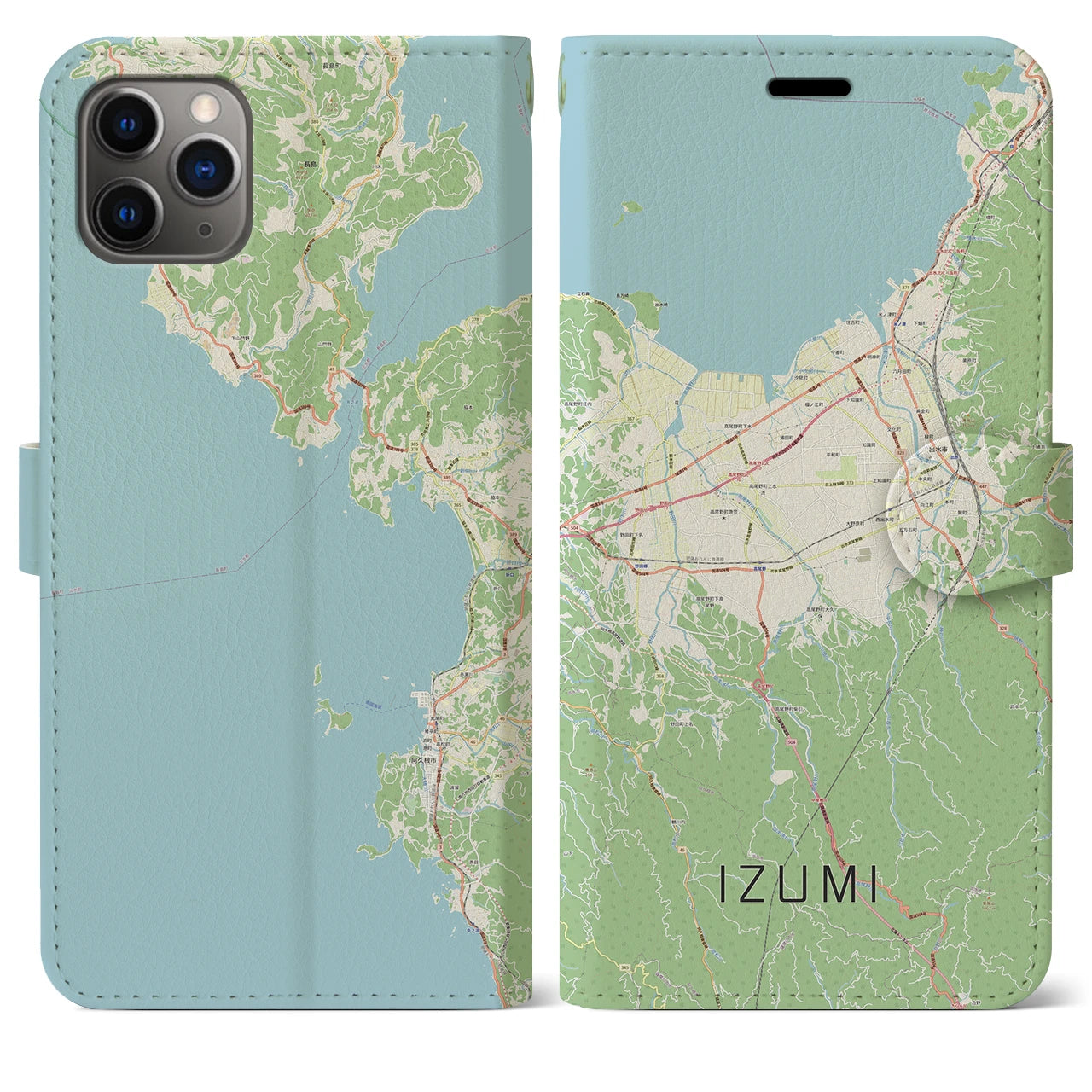 【出水（鹿児島県）】地図柄iPhoneケース（手帳タイプ）ナチュラル・iPhone 11 Pro Max 用