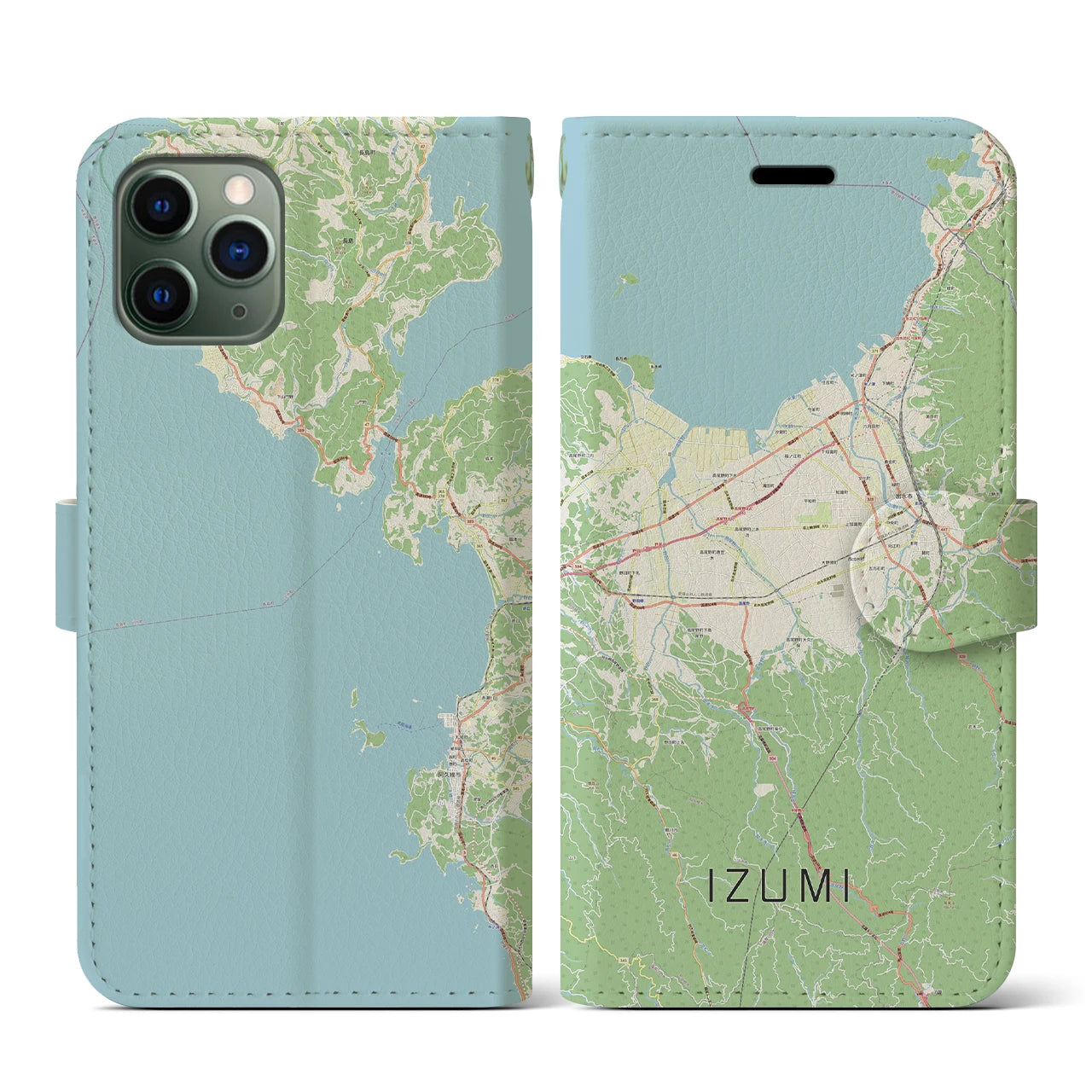 【出水（鹿児島県）】地図柄iPhoneケース（手帳タイプ）ナチュラル・iPhone 11 Pro 用