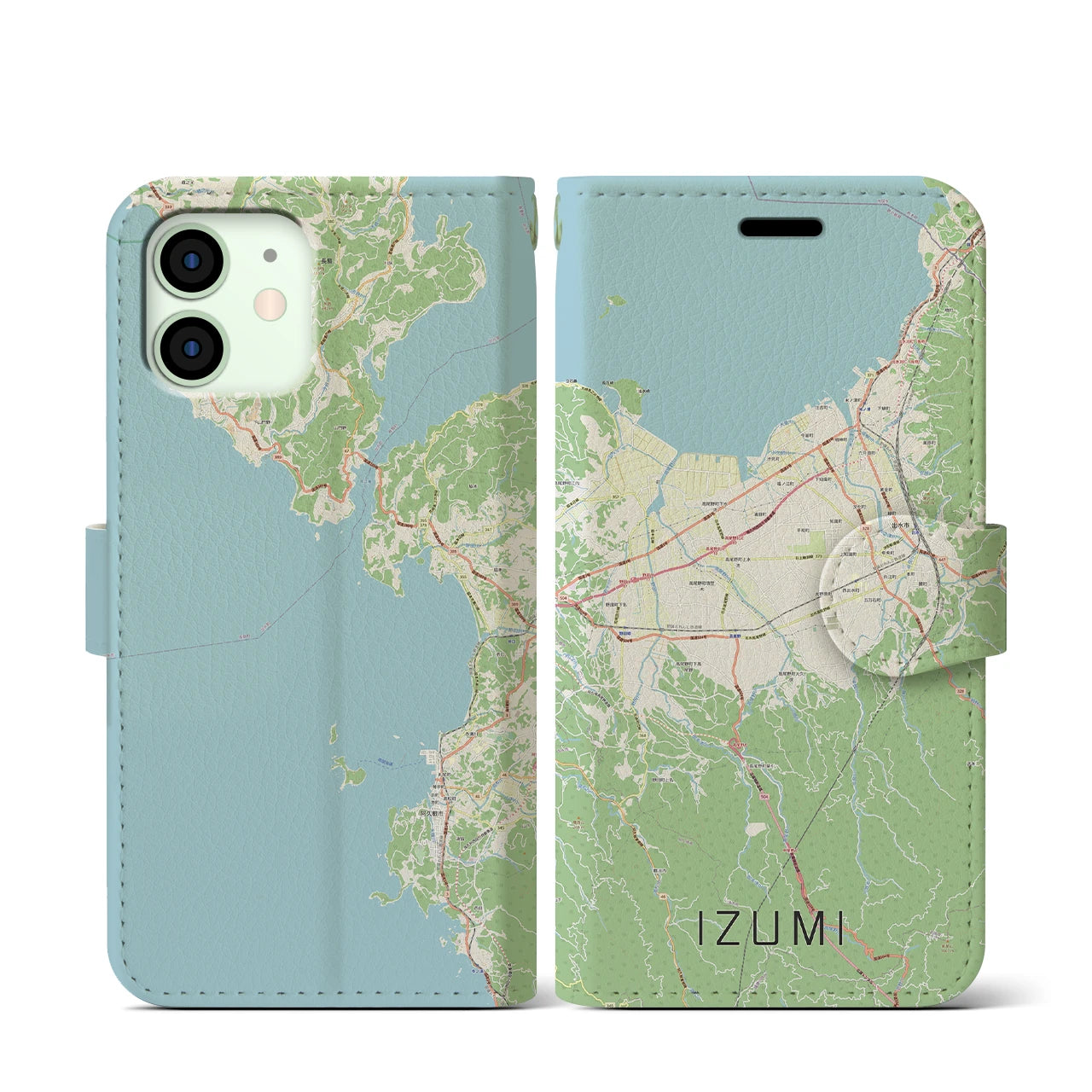 【出水（鹿児島県）】地図柄iPhoneケース（手帳タイプ）ナチュラル・iPhone 12 mini 用