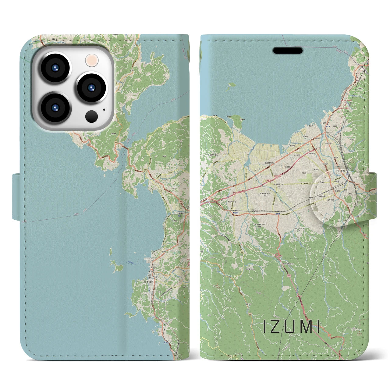 【出水（鹿児島県）】地図柄iPhoneケース（手帳タイプ）ナチュラル・iPhone 13 Pro 用