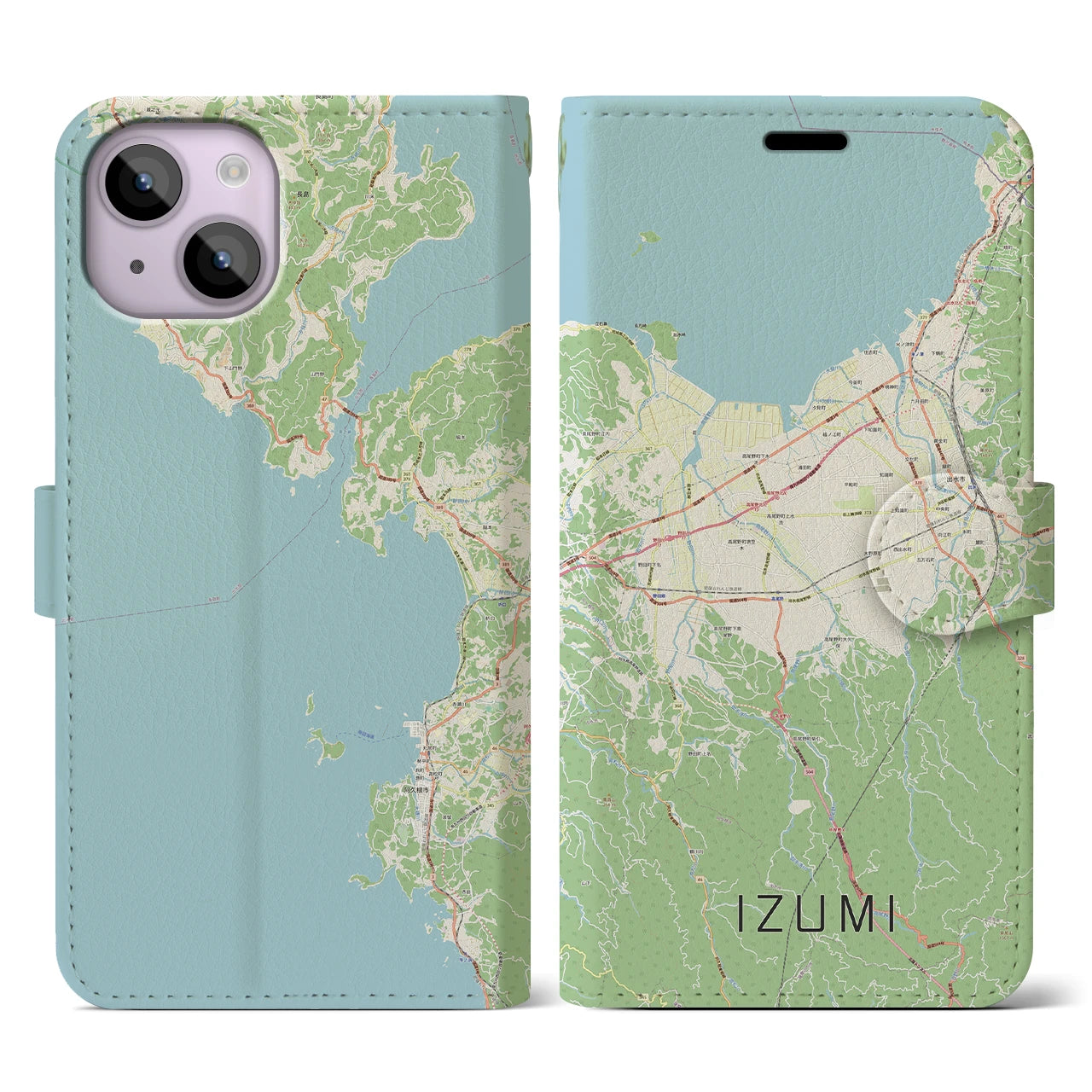 【出水（鹿児島県）】地図柄iPhoneケース（手帳タイプ）ナチュラル・iPhone 14 用