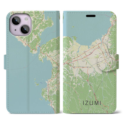 【出水（鹿児島県）】地図柄iPhoneケース（手帳タイプ）ナチュラル・iPhone 14 用