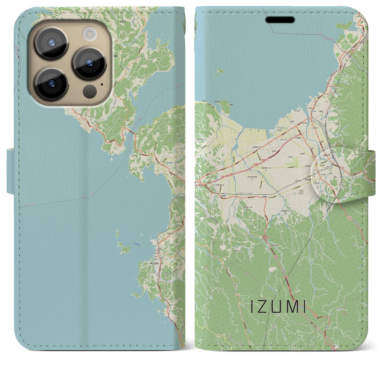 【出水（鹿児島県）】地図柄iPhoneケース（手帳タイプ）ナチュラル・iPhone 14 Pro Max 用